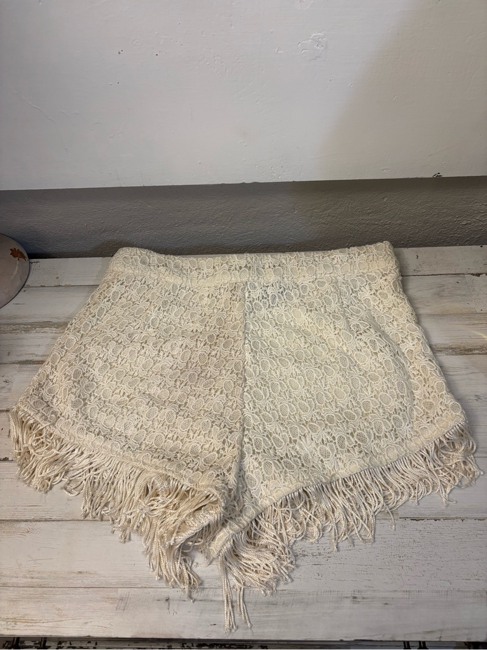 Angie Cream Lace Fringe High-Waist Shorts